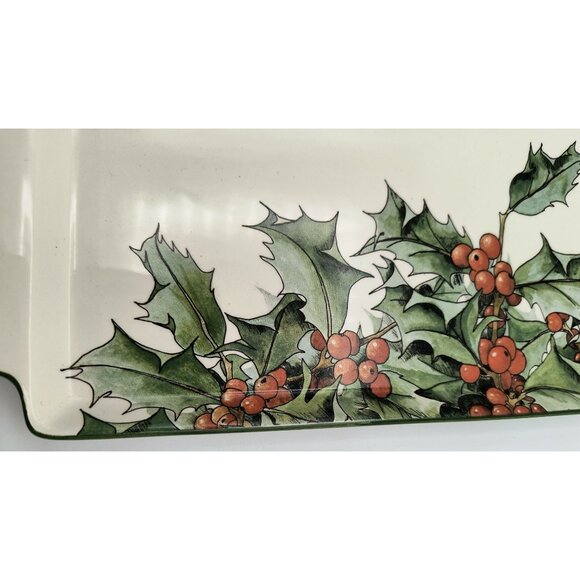 Le Houx Gien France Ceramic Sandwich Tray Holly Berry Design 15" X 6" Ivory & Gr - Picture 2 of 7